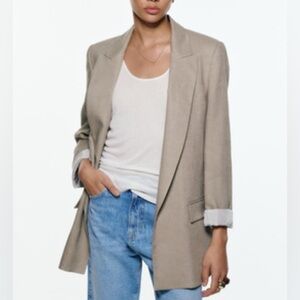 Zara 100% Linen Oversized Open Front Grey Blazer | S